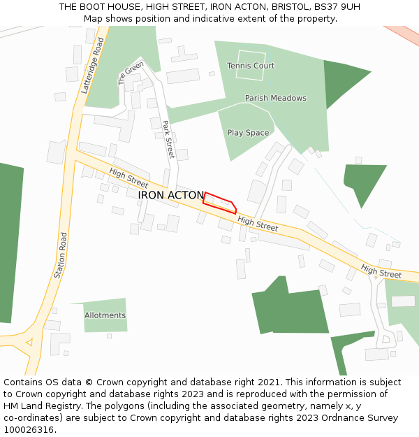 THE BOOT HOUSE, HIGH STREET, IRON ACTON, BRISTOL, BS37 9UH: Location map and indicative extent of plot