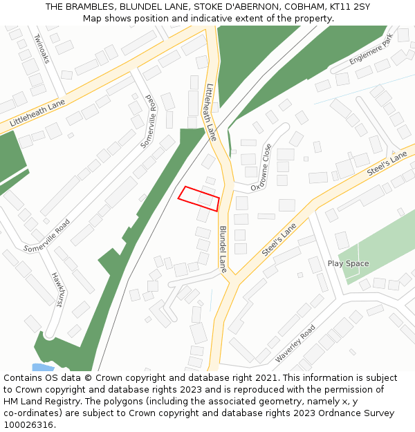 THE BRAMBLES, BLUNDEL LANE, STOKE D'ABERNON, COBHAM, KT11 2SY: Location map and indicative extent of plot