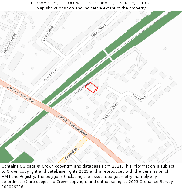 THE BRAMBLES, THE OUTWOODS, BURBAGE, HINCKLEY, LE10 2UD: Location map and indicative extent of plot