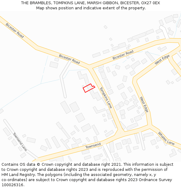 THE BRAMBLES, TOMPKINS LANE, MARSH GIBBON, BICESTER, OX27 0EX: Location map and indicative extent of plot