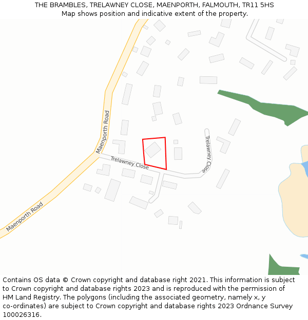 THE BRAMBLES, TRELAWNEY CLOSE, MAENPORTH, FALMOUTH, TR11 5HS: Location map and indicative extent of plot