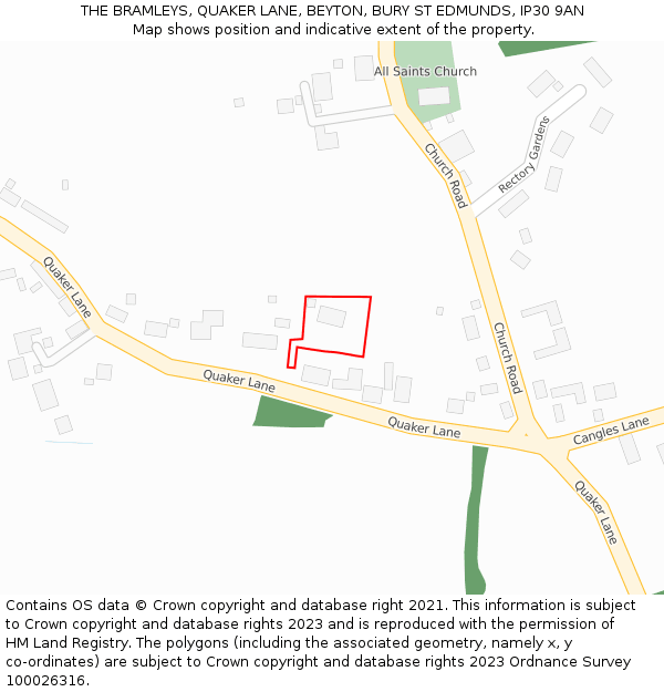 THE BRAMLEYS, QUAKER LANE, BEYTON, BURY ST EDMUNDS, IP30 9AN: Location map and indicative extent of plot