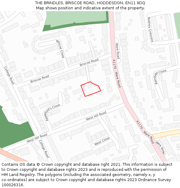 THE BRINDLES, BRISCOE ROAD, HODDESDON, EN11 9DQ: Location map and indicative extent of plot