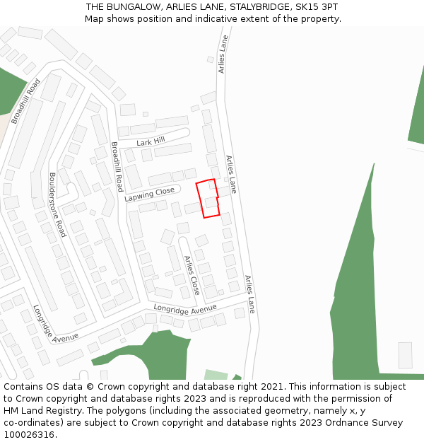 THE BUNGALOW, ARLIES LANE, STALYBRIDGE, SK15 3PT: Location map and indicative extent of plot