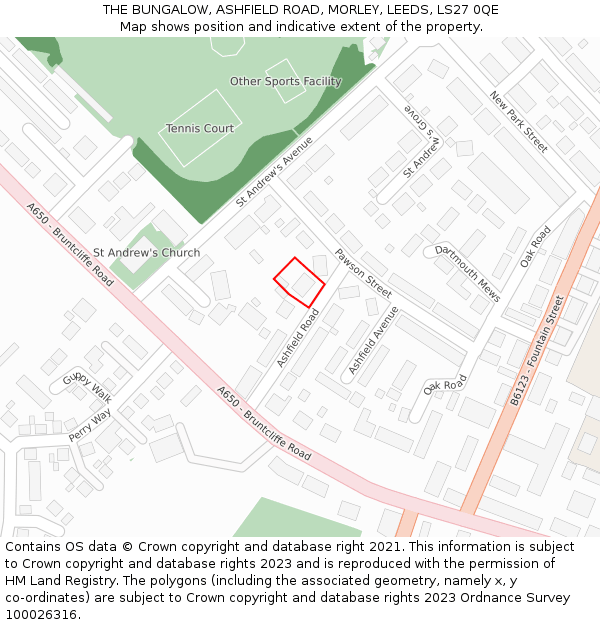 THE BUNGALOW, ASHFIELD ROAD, MORLEY, LEEDS, LS27 0QE: Location map and indicative extent of plot