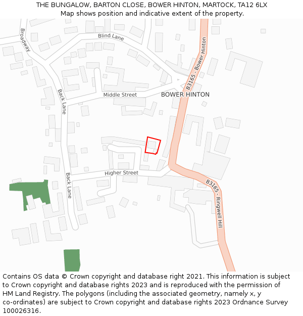 THE BUNGALOW, BARTON CLOSE, BOWER HINTON, MARTOCK, TA12 6LX: Location map and indicative extent of plot