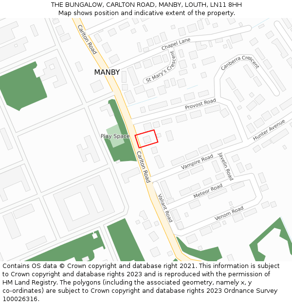 THE BUNGALOW, CARLTON ROAD, MANBY, LOUTH, LN11 8HH: Location map and indicative extent of plot