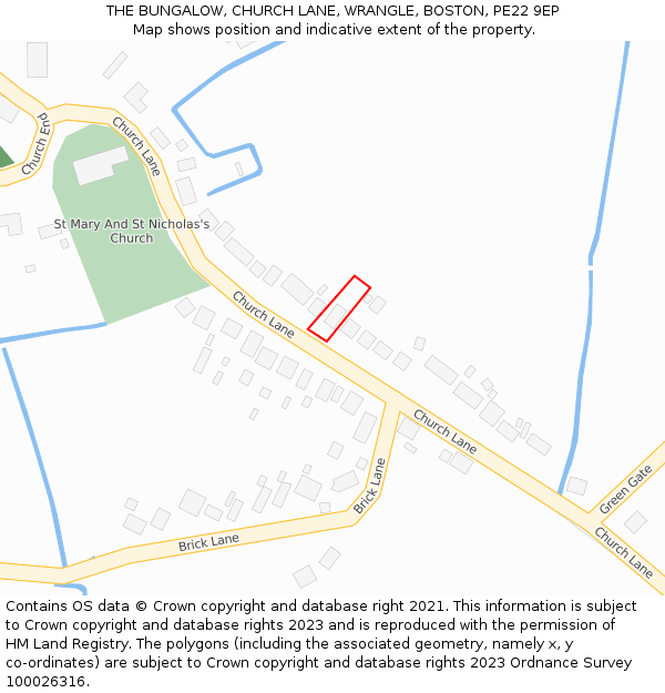 THE BUNGALOW, CHURCH LANE, WRANGLE, BOSTON, PE22 9EP: Location map and indicative extent of plot