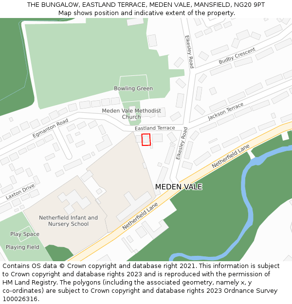 THE BUNGALOW, EASTLAND TERRACE, MEDEN VALE, MANSFIELD, NG20 9PT: Location map and indicative extent of plot