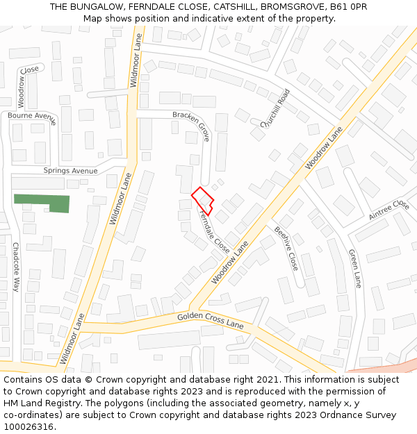 THE BUNGALOW, FERNDALE CLOSE, CATSHILL, BROMSGROVE, B61 0PR: Location map and indicative extent of plot