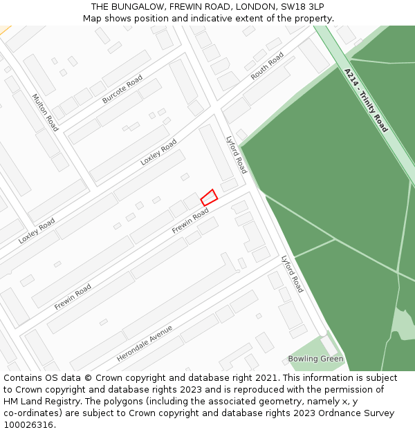 THE BUNGALOW, FREWIN ROAD, LONDON, SW18 3LP: Location map and indicative extent of plot