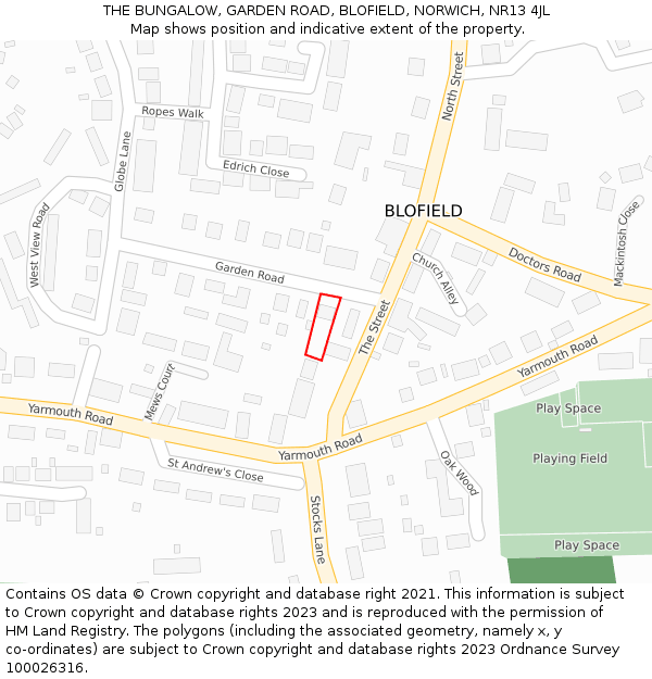 THE BUNGALOW, GARDEN ROAD, BLOFIELD, NORWICH, NR13 4JL: Location map and indicative extent of plot