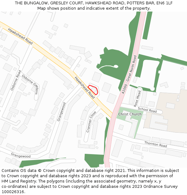 THE BUNGALOW, GRESLEY COURT, HAWKSHEAD ROAD, POTTERS BAR, EN6 1LF: Location map and indicative extent of plot