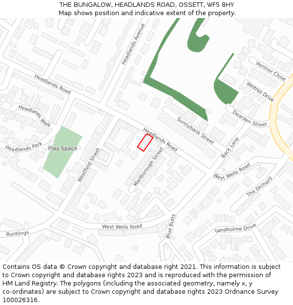 THE BUNGALOW, HEADLANDS ROAD, OSSETT, WF5 8HY: Location map and indicative extent of plot