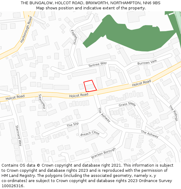 THE BUNGALOW, HOLCOT ROAD, BRIXWORTH, NORTHAMPTON, NN6 9BS: Location map and indicative extent of plot