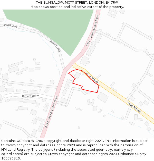 THE BUNGALOW, MOTT STREET, LONDON, E4 7RW: Location map and indicative extent of plot