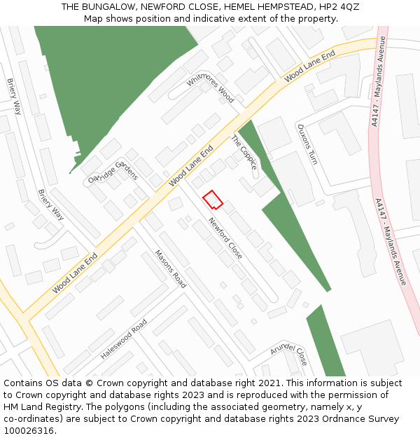 THE BUNGALOW, NEWFORD CLOSE, HEMEL HEMPSTEAD, HP2 4QZ: Location map and indicative extent of plot