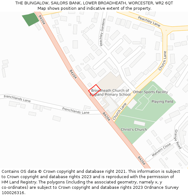 THE BUNGALOW, SAILORS BANK, LOWER BROADHEATH, WORCESTER, WR2 6QT: Location map and indicative extent of plot