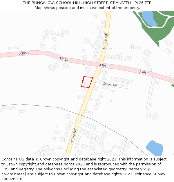 THE BUNGALOW, SCHOOL HILL, HIGH STREET, ST AUSTELL, PL26 7TP: Location map and indicative extent of plot