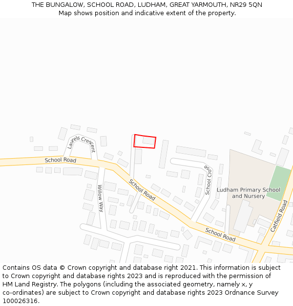 THE BUNGALOW, SCHOOL ROAD, LUDHAM, GREAT YARMOUTH, NR29 5QN: Location map and indicative extent of plot