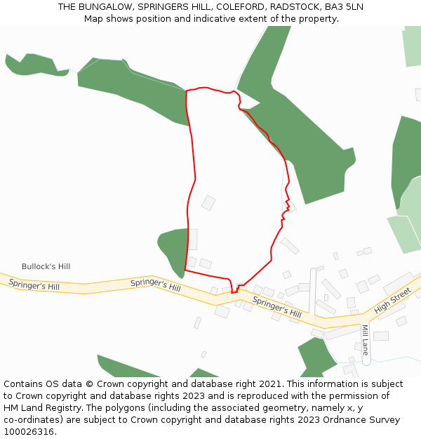 THE BUNGALOW, SPRINGERS HILL, COLEFORD, RADSTOCK, BA3 5LN: Location map and indicative extent of plot