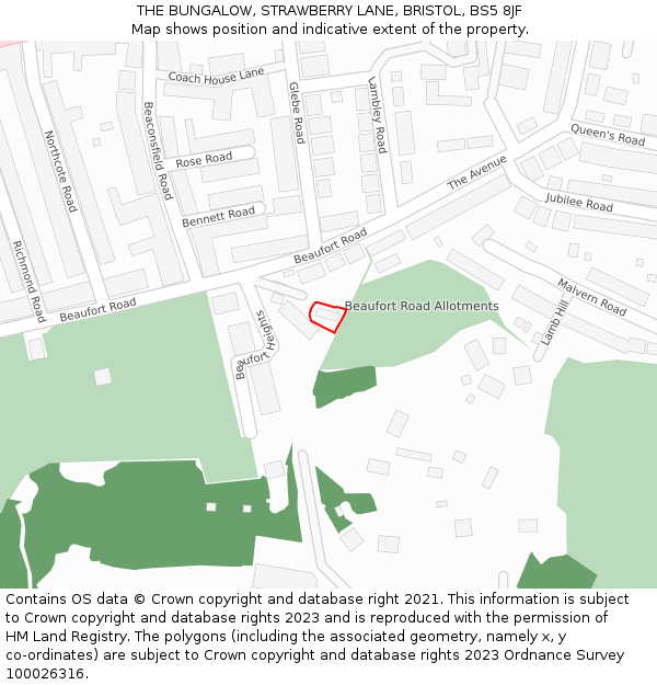 THE BUNGALOW, STRAWBERRY LANE, BRISTOL, BS5 8JF: Location map and indicative extent of plot