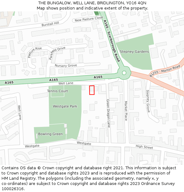 THE BUNGALOW, WELL LANE, BRIDLINGTON, YO16 4QN: Location map and indicative extent of plot