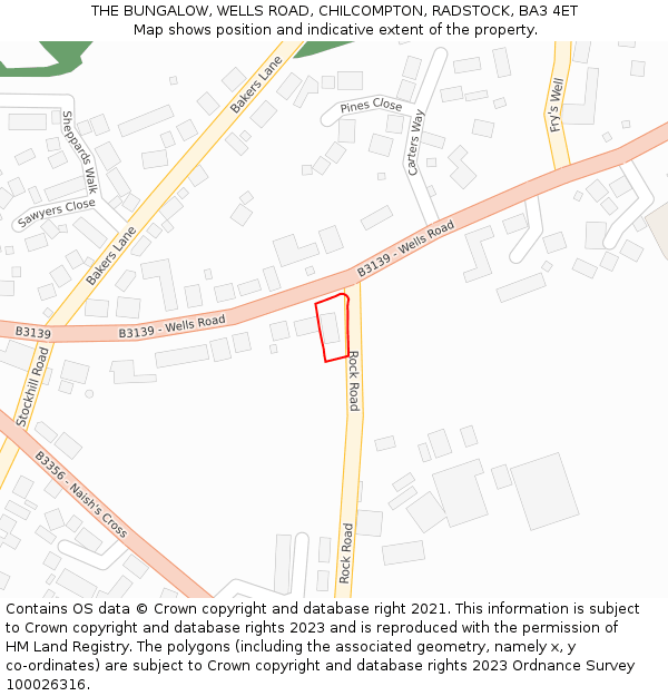 THE BUNGALOW, WELLS ROAD, CHILCOMPTON, RADSTOCK, BA3 4ET: Location map and indicative extent of plot