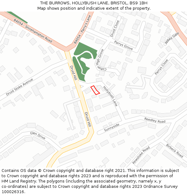 THE BURROWS, HOLLYBUSH LANE, BRISTOL, BS9 1BH: Location map and indicative extent of plot