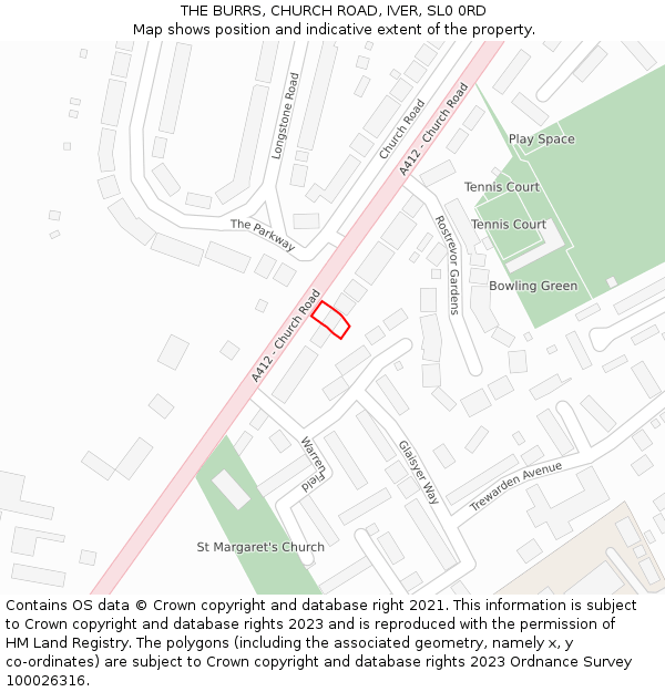 THE BURRS, CHURCH ROAD, IVER, SL0 0RD: Location map and indicative extent of plot