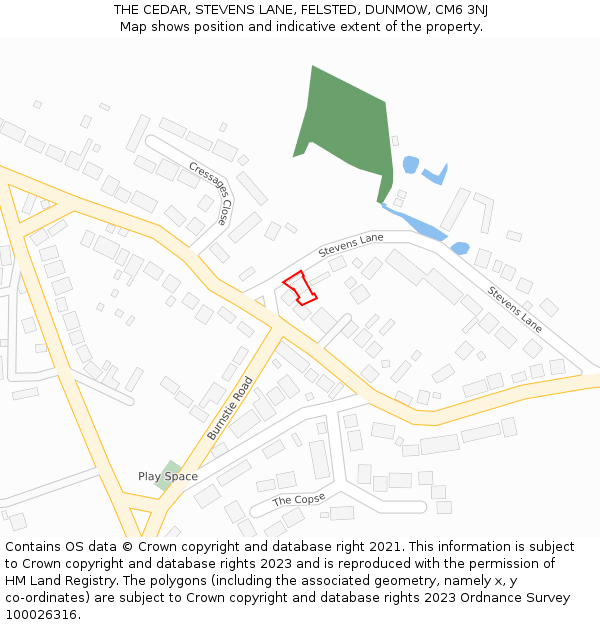 THE CEDAR, STEVENS LANE, FELSTED, DUNMOW, CM6 3NJ: Location map and indicative extent of plot