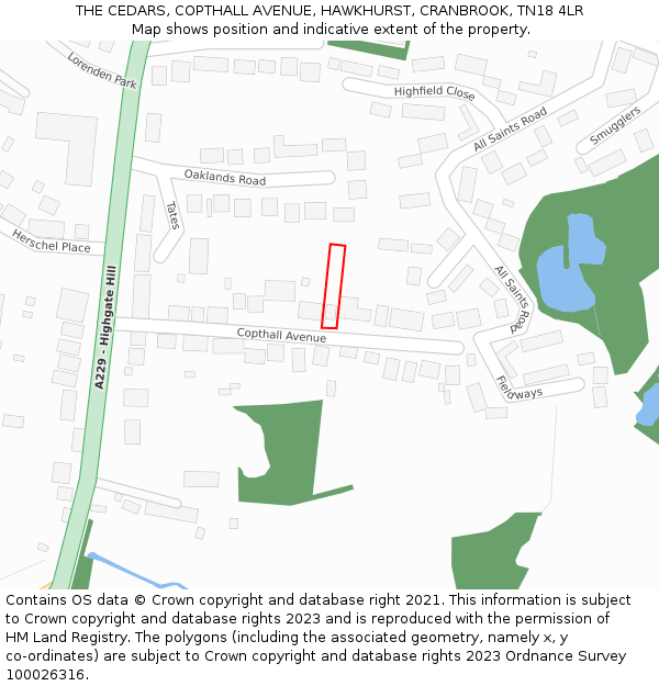 THE CEDARS, COPTHALL AVENUE, HAWKHURST, CRANBROOK, TN18 4LR: Location map and indicative extent of plot