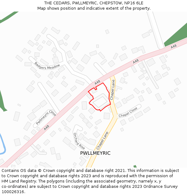 THE CEDARS, PWLLMEYRIC, CHEPSTOW, NP16 6LE: Location map and indicative extent of plot