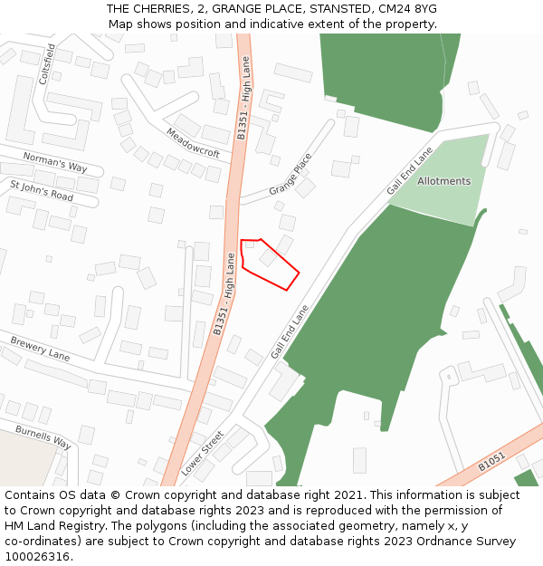 THE CHERRIES, 2, GRANGE PLACE, STANSTED, CM24 8YG: Location map and indicative extent of plot