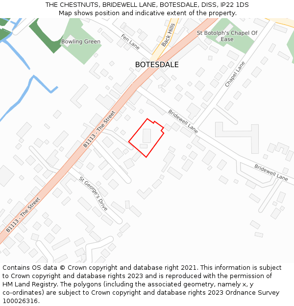 THE CHESTNUTS, BRIDEWELL LANE, BOTESDALE, DISS, IP22 1DS: Location map and indicative extent of plot