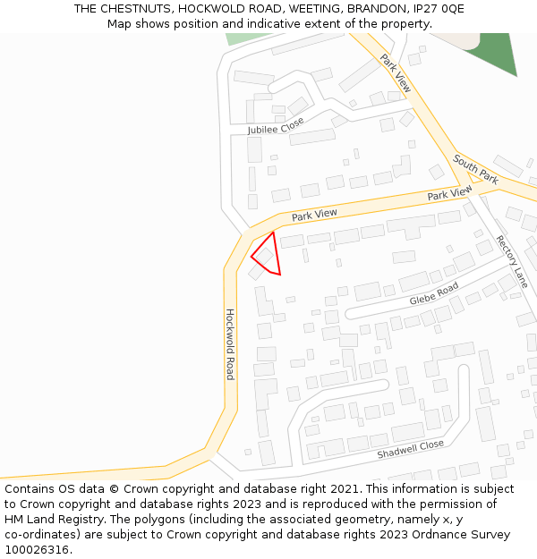 THE CHESTNUTS, HOCKWOLD ROAD, WEETING, BRANDON, IP27 0QE: Location map and indicative extent of plot
