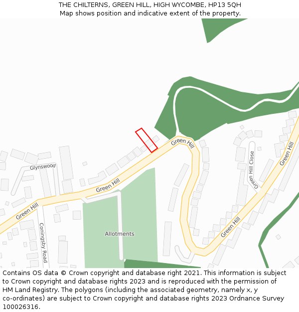 THE CHILTERNS, GREEN HILL, HIGH WYCOMBE, HP13 5QH: Location map and indicative extent of plot