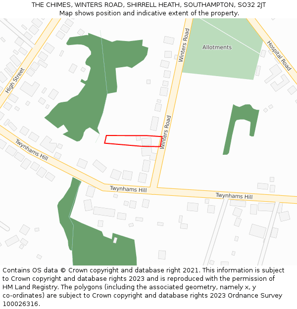 THE CHIMES, WINTERS ROAD, SHIRRELL HEATH, SOUTHAMPTON, SO32 2JT: Location map and indicative extent of plot