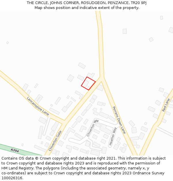 THE CIRCLE, JOHNS CORNER, ROSUDGEON, PENZANCE, TR20 9PJ: Location map and indicative extent of plot