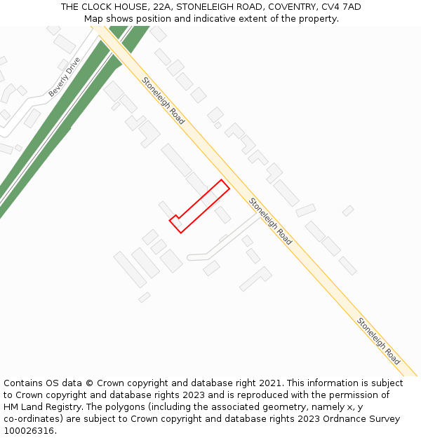 THE CLOCK HOUSE, 22A, STONELEIGH ROAD, COVENTRY, CV4 7AD: Location map and indicative extent of plot