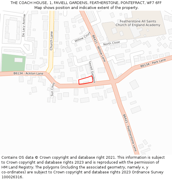 THE COACH HOUSE, 1, FAVIELL GARDENS, FEATHERSTONE, PONTEFRACT, WF7 6FF: Location map and indicative extent of plot