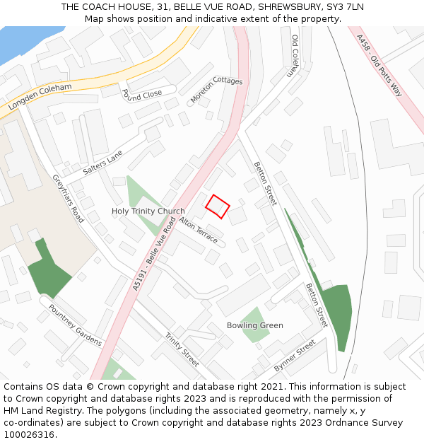 THE COACH HOUSE, 31, BELLE VUE ROAD, SHREWSBURY, SY3 7LN: Location map and indicative extent of plot