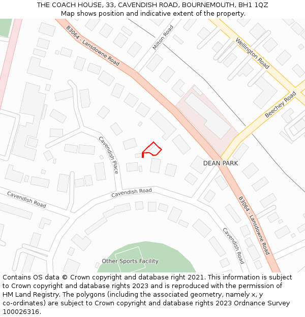 THE COACH HOUSE, 33, CAVENDISH ROAD, BOURNEMOUTH, BH1 1QZ: Location map and indicative extent of plot