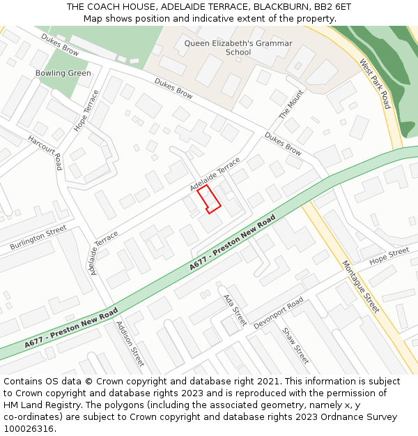 THE COACH HOUSE, ADELAIDE TERRACE, BLACKBURN, BB2 6ET: Location map and indicative extent of plot