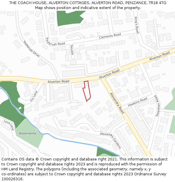 THE COACH HOUSE, ALVERTON COTTAGES, ALVERTON ROAD, PENZANCE, TR18 4TG: Location map and indicative extent of plot