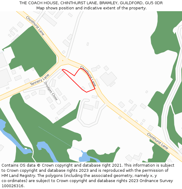 THE COACH HOUSE, CHINTHURST LANE, BRAMLEY, GUILDFORD, GU5 0DR: Location map and indicative extent of plot