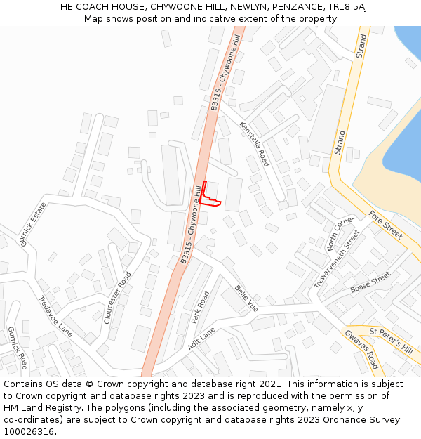 THE COACH HOUSE, CHYWOONE HILL, NEWLYN, PENZANCE, TR18 5AJ: Location map and indicative extent of plot