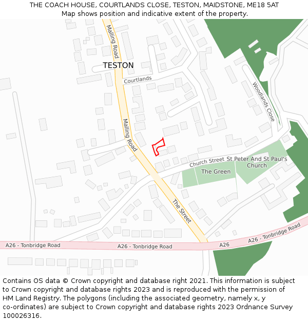 THE COACH HOUSE, COURTLANDS CLOSE, TESTON, MAIDSTONE, ME18 5AT: Location map and indicative extent of plot