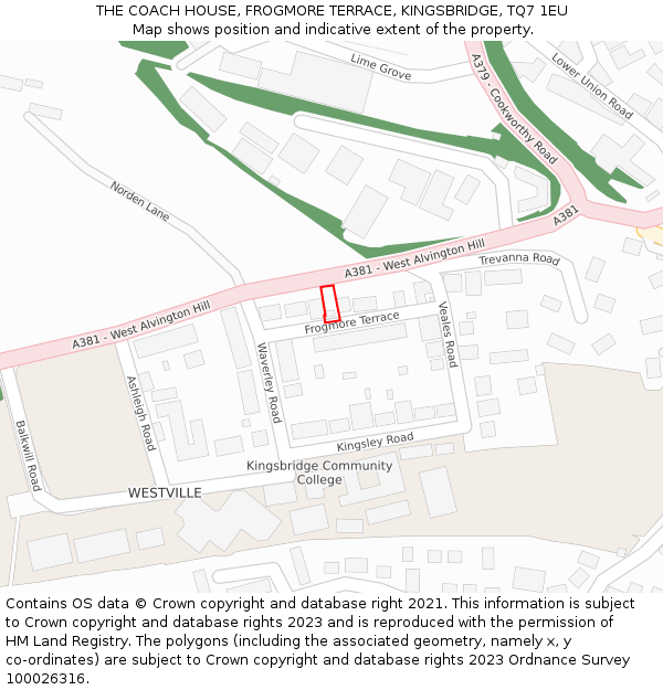 THE COACH HOUSE, FROGMORE TERRACE, KINGSBRIDGE, TQ7 1EU: Location map and indicative extent of plot