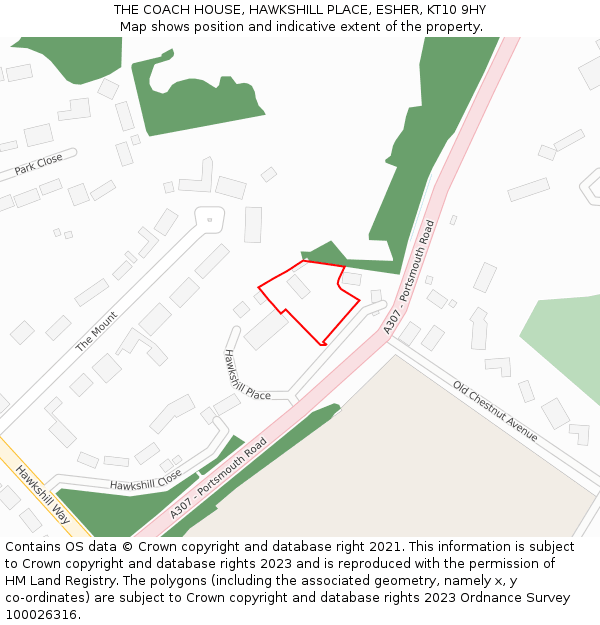 THE COACH HOUSE, HAWKSHILL PLACE, ESHER, KT10 9HY: Location map and indicative extent of plot